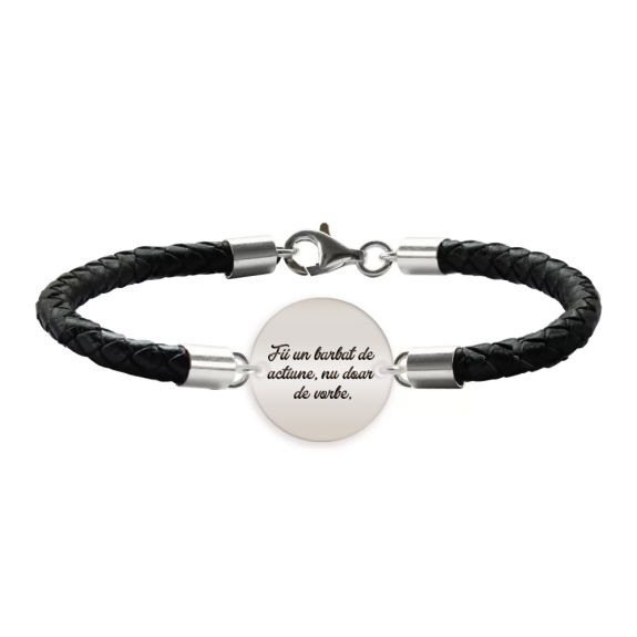 Bratara argint banut 16 mm si piele impletita - personalizata cu text